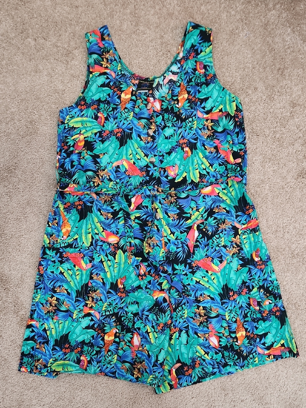 Vintage Toucan Dance 100% Cotton Tropcial Belted Romper With Pockets Small